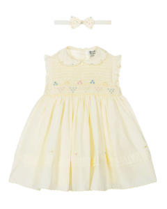 Sarah Louise Girls Pastel Yellow Hand-Smocked Dress Set SS24