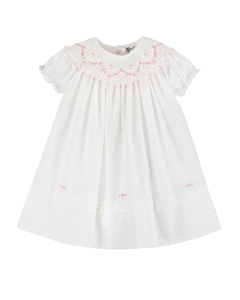Sarah Louise Baby Girls White And Pink Hand-Smocked Dress SS24