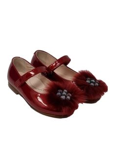 Beberlis Girls Patent Red Shoes With Velcro Strap And Fur Detail