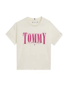 Tommy Hilfiger Girls Ivory 'Sateen' Logo T-shirt With Pink Logo
