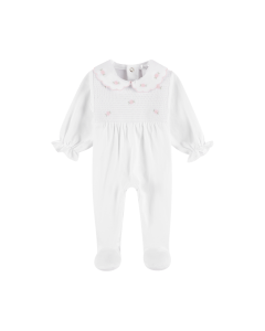 Deolinda Girls White Babygrow With Pink Floral Embroidery And Smocking Detail