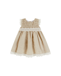Deolinda Girls Beige Dress With White Lace Detail