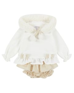 Deolinda Girls Ivory Long Sleeved Top With Beige Ruffle Shorts 