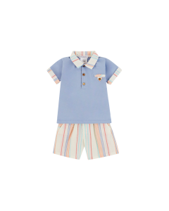 Deolinda Boys Blue Polo Shirt And Contrasting Striped Shorts Set