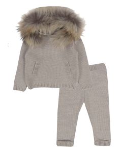 Bimbalo Boys Beige Faux Fur Hooded Knitted Tracksuit