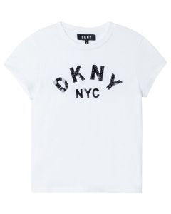DKNY White Organic Cotton Black Sequin Pattern Logo T-Shirt