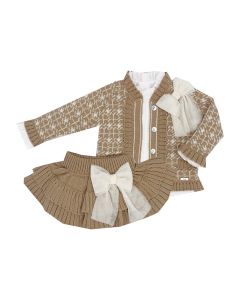 Rahigo Girls Camel/Cream Three Piece Cardigan, Blouse And Skirt Set