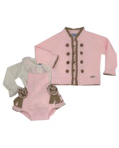 Rahigo Girls Pink/Camel Three Piece Cardigan, Shirt & Romper Set