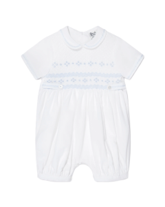 Sarah Louise Baby Boys Embroidered Romper in White And Pale Blue SS24
