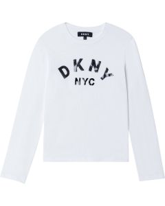 DKNY White Cotton Black Sequin Pattern Logo Long Sleeved T-Shirt