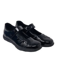 Richter Girls Black Patent Leather Velcro Buckle School Shoes With Flower
