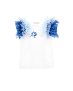 Monnalisa Girls White & Shades of Blue Tulle T-Shirt
