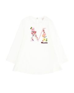 Monnalisa Girls Ivory Diamanté and Embroidered  Flower Cotton Top