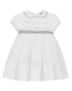 Sarah Louise Girls White And Navy Embroidered Flower Dress SS24