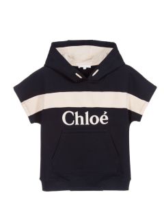 Chloé Girls Navy Blue Logo Short Sleeved Hoodie