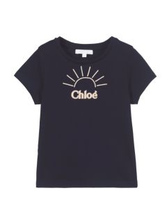 Chloé Navy Blue Cotton Appliqué  Logo T-Shirt