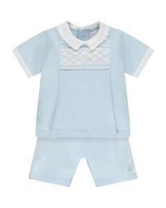 Emile Et Rose Baby Boys Blue 'Dale' Two Piece Jersey Embroidered Panel Top & Shorts