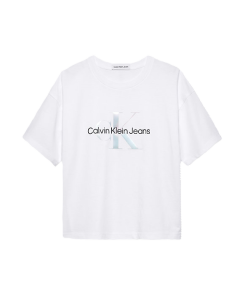 Calvin Klein Girls White Boxy Iridescent Logo T-Shirt SS24