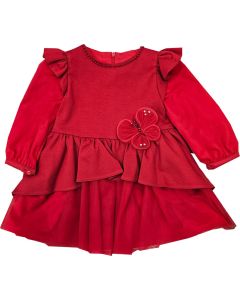 Bimbalo Girls Red Long Sleeve Dress With 3D Butterfly And Diamanté Embellishments