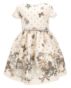 Monnalisa Ivory Satin Butterfly & Pearl Dress