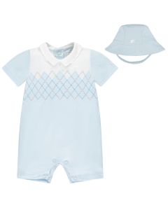 Emile Et Rose Baby Boys Blue 'David' Romper With White Upper & Argyle Embroidery & Hat