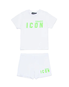 Dsquared2 ICON Baby White T-shirt And Shorts With Green Fluo Logo