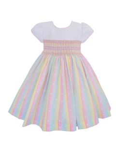Pretty Originals Girls White Dress With Multi Colour Striped Detail And Smocking
