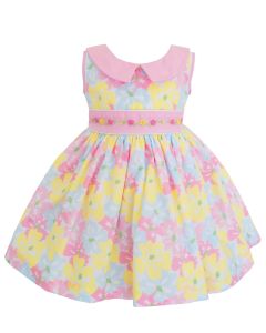 Pretty Originals Girls Pink, Yellow And Pale Blue Floral Sleeveless Dress With Smocking Detail