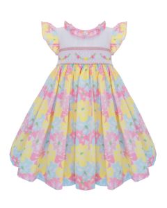 Pretty Originals Girls Pink, Yellow And Pale Blue Floral Dress With Smocking Detail