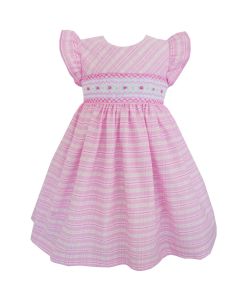 Pretty Originals Girls Pink Checked Dress With Floral Smocking