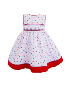 Pretty Originals Girls White Dress With Colourful Dot Pattern And Boat Smocking
