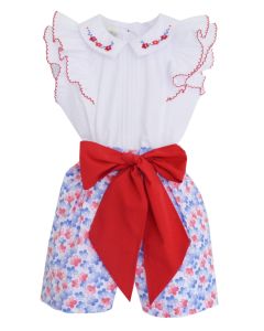 Pretty Originals Girls White Blouse And Red And Blue Floral Short Set