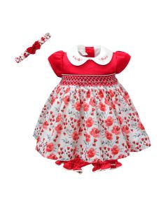 Pretty Originals Girls Red Floral Dress with Red Bloomers