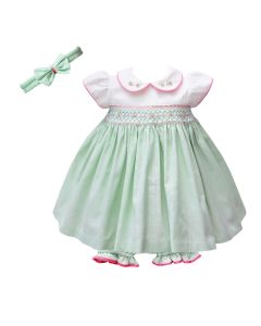 Pretty Originals Girls White And Green Dress with Smocking and Pink Trim