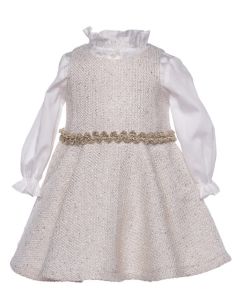 Bimbalo Girls Gold and Ivory Tweed Dress with Gold Waist Braid and Ivory Blouse