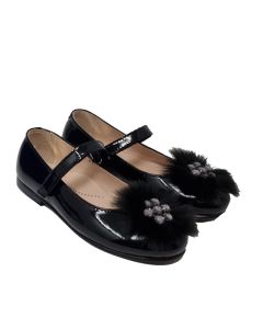 Beberlis Girls Patent Black Shoes With Velcro Strap And Fur Detail