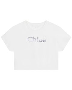 Chloé Girls White Crop Navy Logo T-Shirt