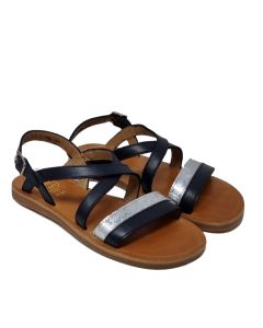 Pom D Api Girls Navy &quot;Plagette Stamp&quot; Open Sandals With Silver Detail