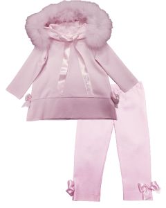 Bimbalo Girls Pink Long Sleeve Hooded Top And Leggings Set WIth Fur Trim On Hood And Ribbon Ties