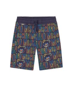 Moschino Kid Boys Navy Colourful All-Over Logo Cotton Shorts