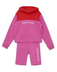 Calvin Klein Girls Pink Colour Block Hoody And Shorts Set