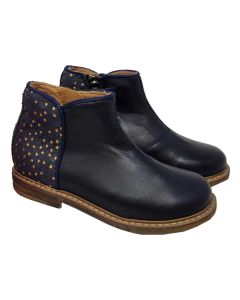 Pom D Api Girls "Retro Back" Navy Blue Leather Boots With Gold Dot Detail