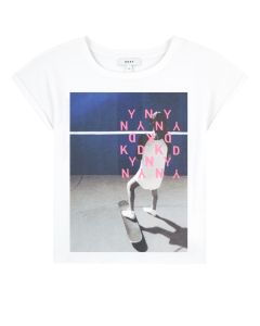 DKNY Girls White Cotton Blue and Pink Printed Logo T-Shirt
