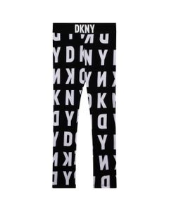 DKNY Girls Black Leggings With All Over White Logo Pattern