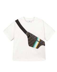 Fendi Boys White Striped Bag Logo T-Shirt