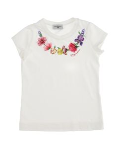 Monnalisa Ivory Floral Necklace T-Shirt