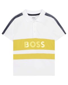 BOSS Boys White Yellow Panel  Polo Shirt