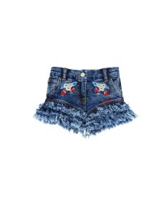 Monnalisa Girls Blue Embroidered Cherry Denim Shorts