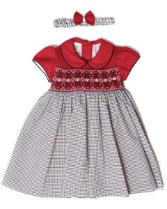 Pretty Originals White, Black and Red Gingham Hand-Smocked Dress