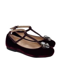 Il Gufo Girls Bordeaux Velvet T-Bar Shoes With Gem Detail